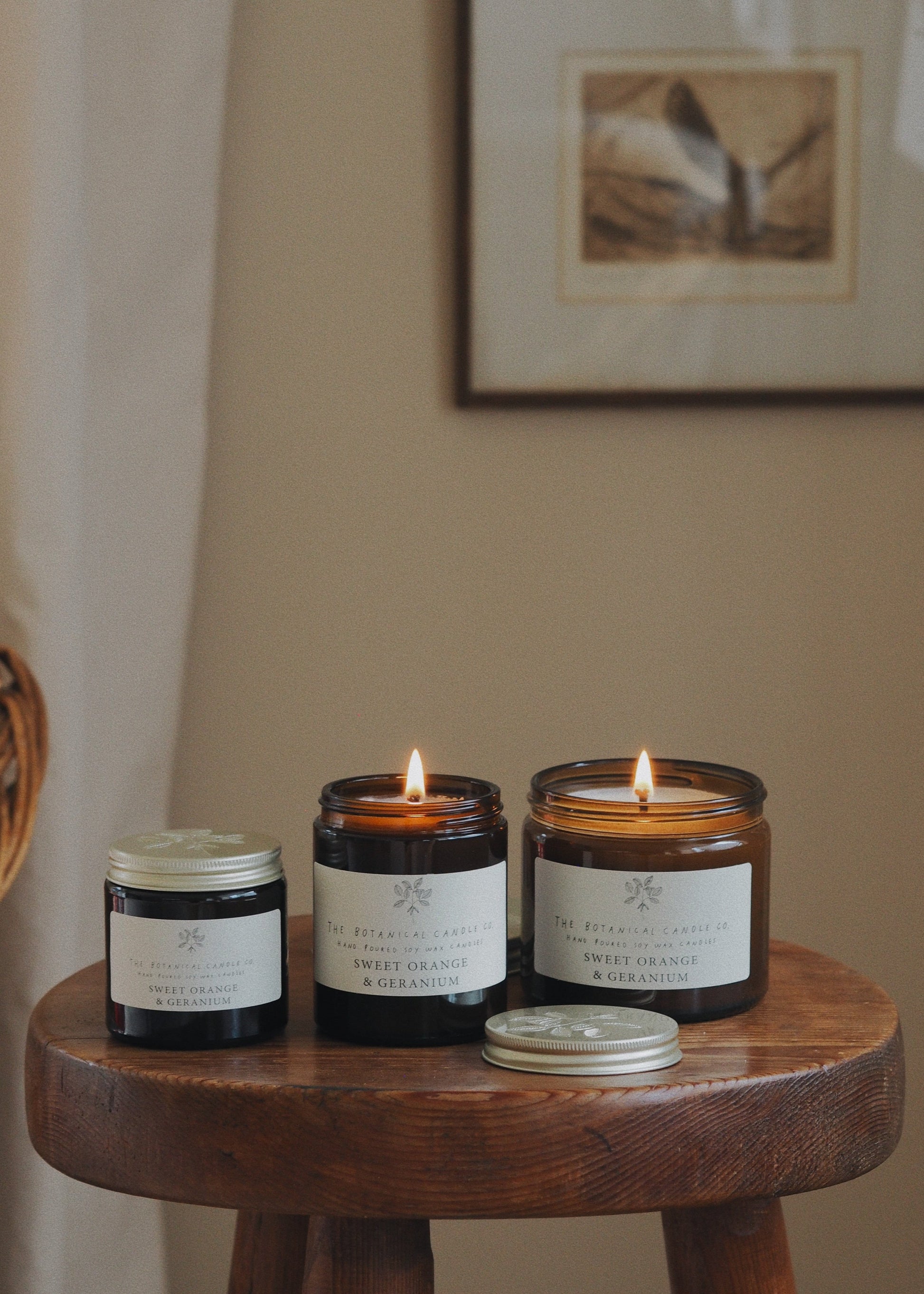 Sweet Orange and Geranium hand-poured soy wax candle by The Botanical Candle Co.