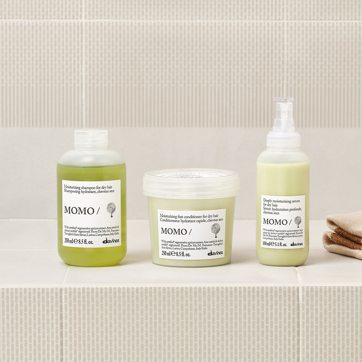 Lifestyle photo of Davines Momo Shampoo, moisturising shampoo for dry hair