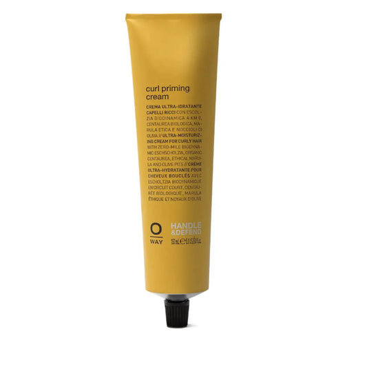 A 150ml aluminium tube of Curl Priming Cream for hydrating and styling curly hair, made by Oway.
